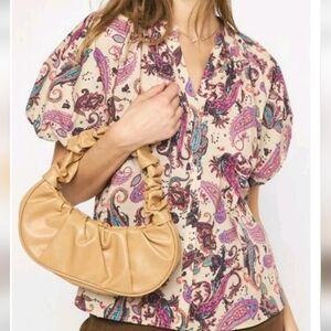 Entro Paisley Print Button Down Puff Sleeve Top